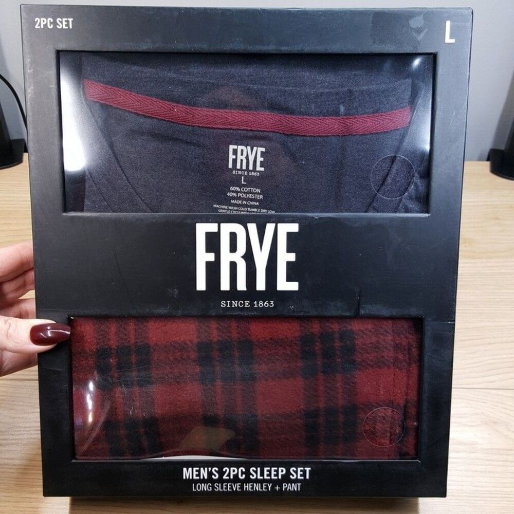 FRYE Sleepwear Mens Large Gray Thermal Henley Red Plaid Fleece Pants Pajama Set